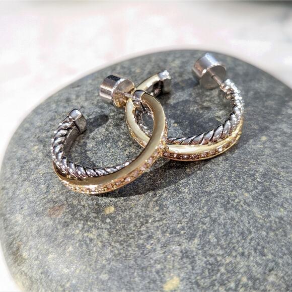 GOLD SILVER Two Tone Sparkle Twisted Rope Hoop Earrings - Picture 6 of 16